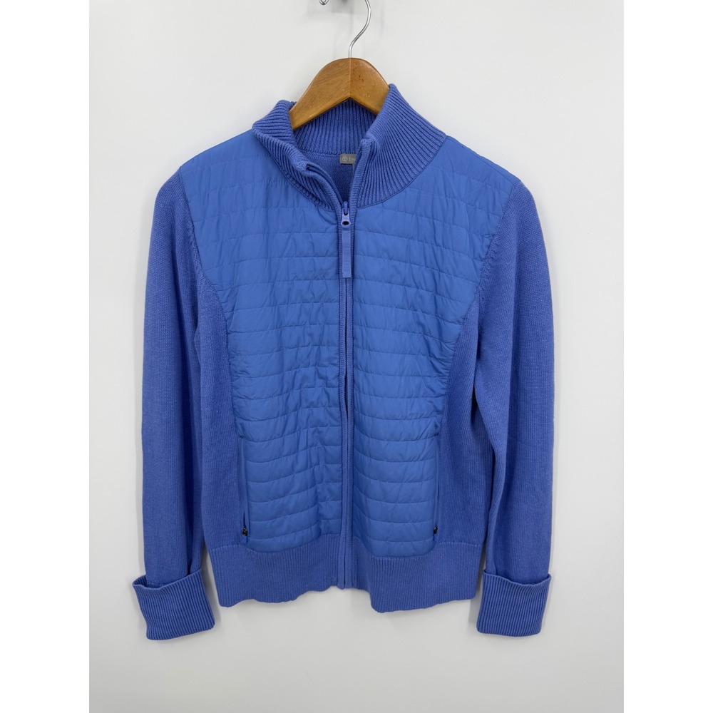 T by Talbots Coolmax Quilted Hybrid Full Zip Sweater Jacket Womens M Blue Knit